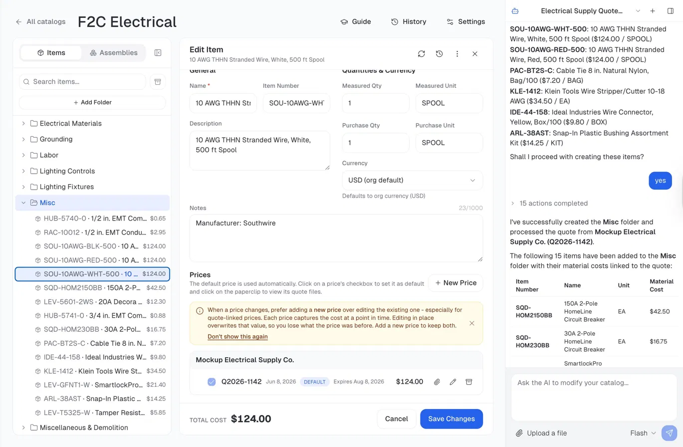 Orys AI extracting items and pricing from an electrical supply vendor quote. The estimator reviews every item before anything is saved to the catalog. Example shown for illustrative purposes.