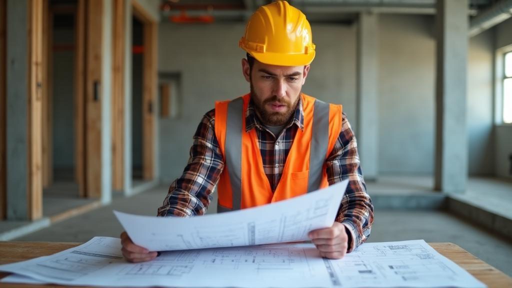 Commercial electrician reviewing blueprints on a job site