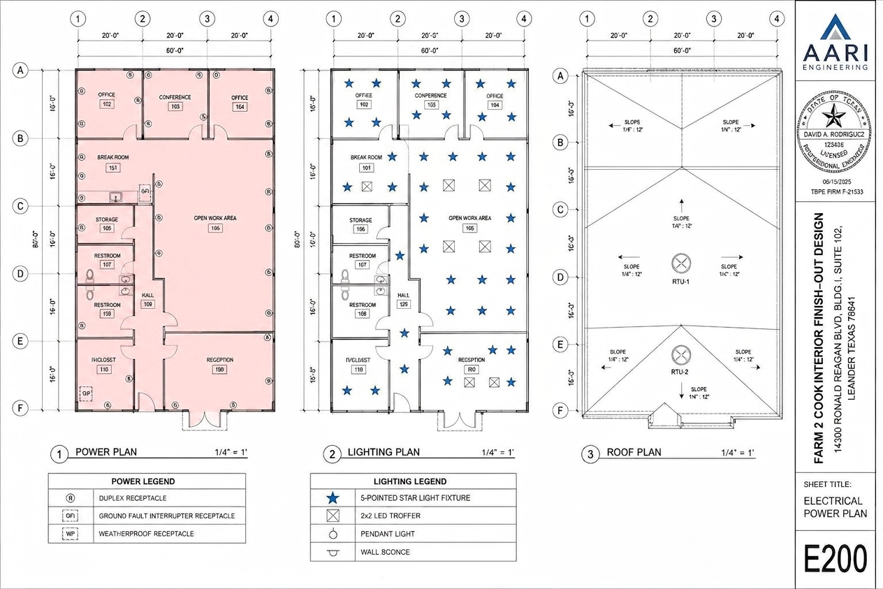 Project F2C electrical power plan blueprint with wiring area takeoff and can light markers