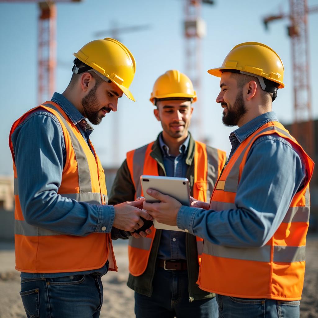 Construction team using technology